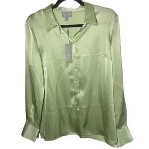 NEW Pure Collection Women's Green Satin 100% Silk Long Sleeve Blouse Size 4